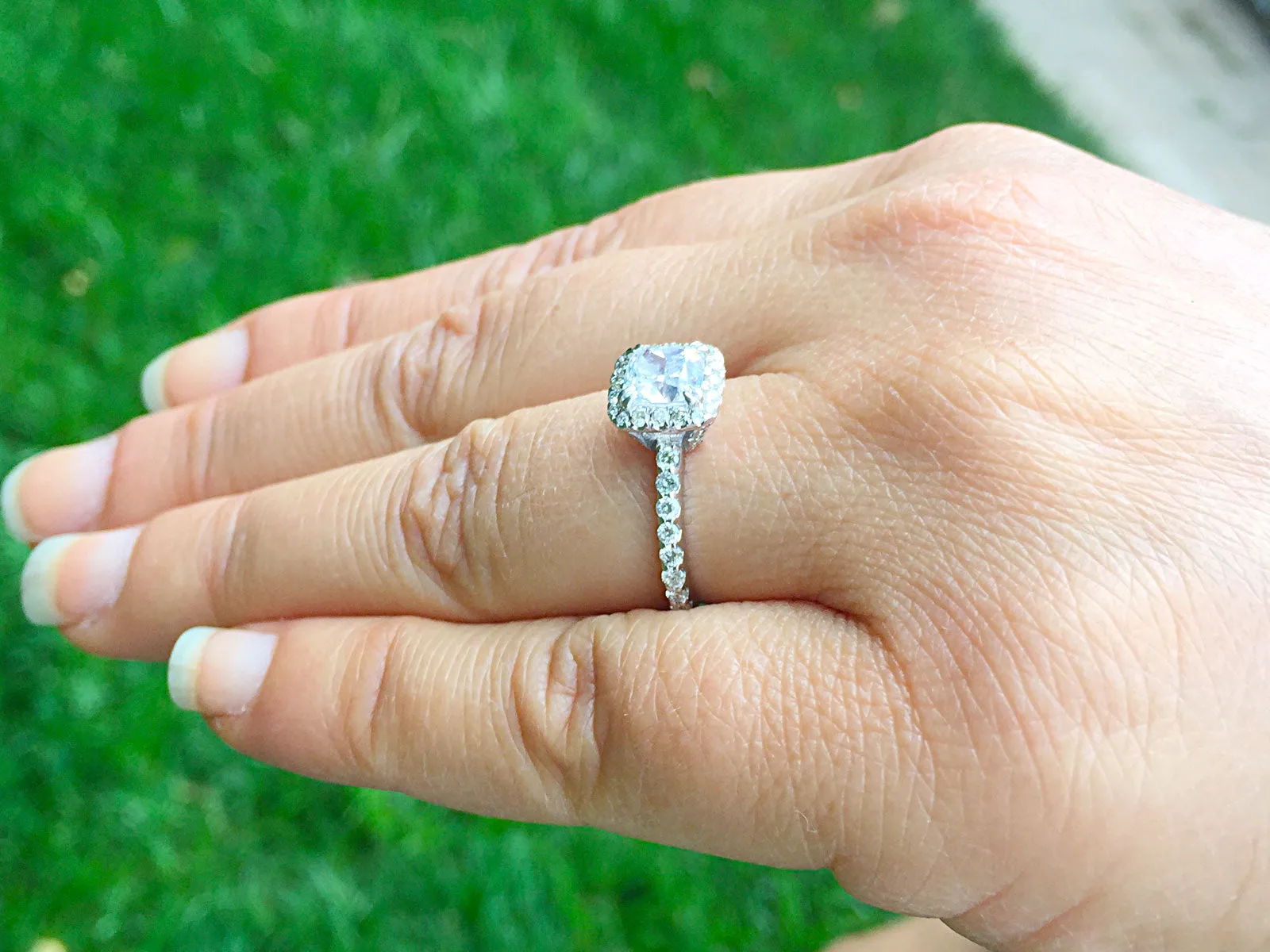 Women's 14k solid white gold cushion cut moissanite and natural round cut diamond engagement ring Bridal Wedding Halo 1.90ctw