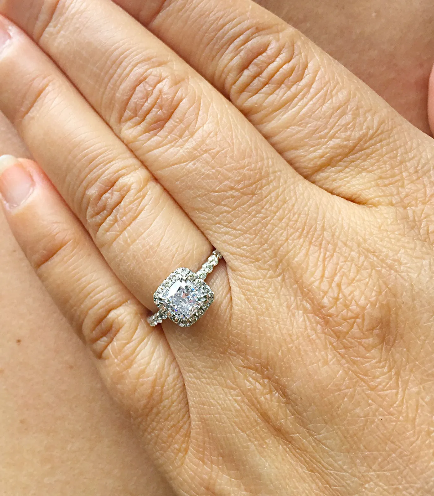 Women's 14k solid white gold cushion cut moissanite and natural round cut diamond engagement ring Bridal Wedding Halo 1.90ctw
