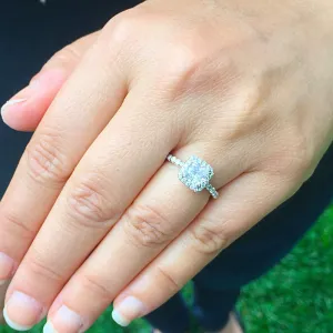 Women's 14k solid white gold cushion cut moissanite and natural round cut diamond engagement ring Bridal Wedding Halo 1.90ctw