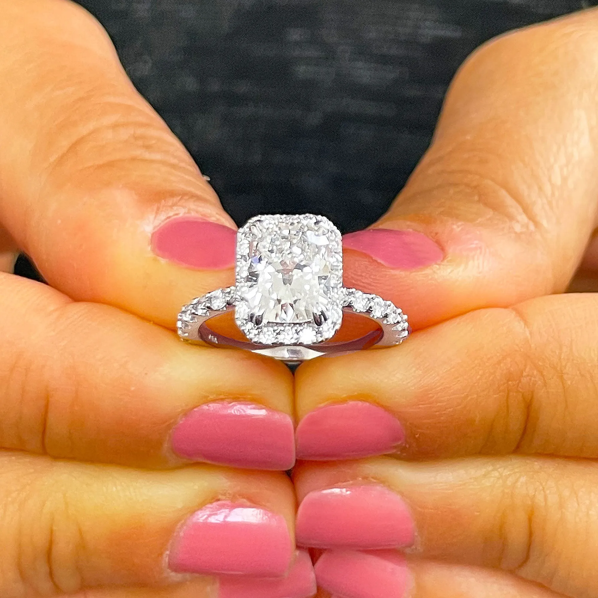 Women's 14k solid white gold cushion cut moissanite and natural round cut diamond engagement ring Bridal Wedding Halo 2.80ctw