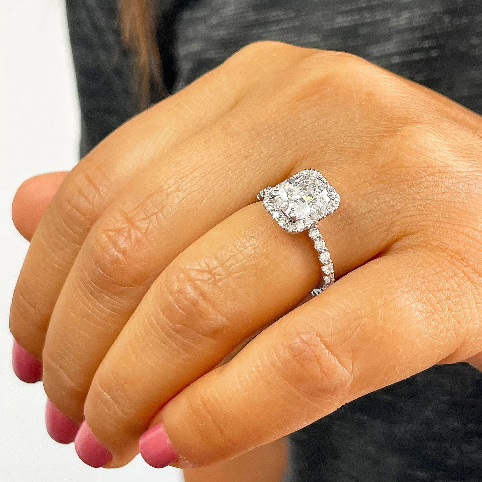 Women's 14k solid white gold cushion cut moissanite and natural round cut diamond engagement ring Bridal Wedding Halo 2.80ctw