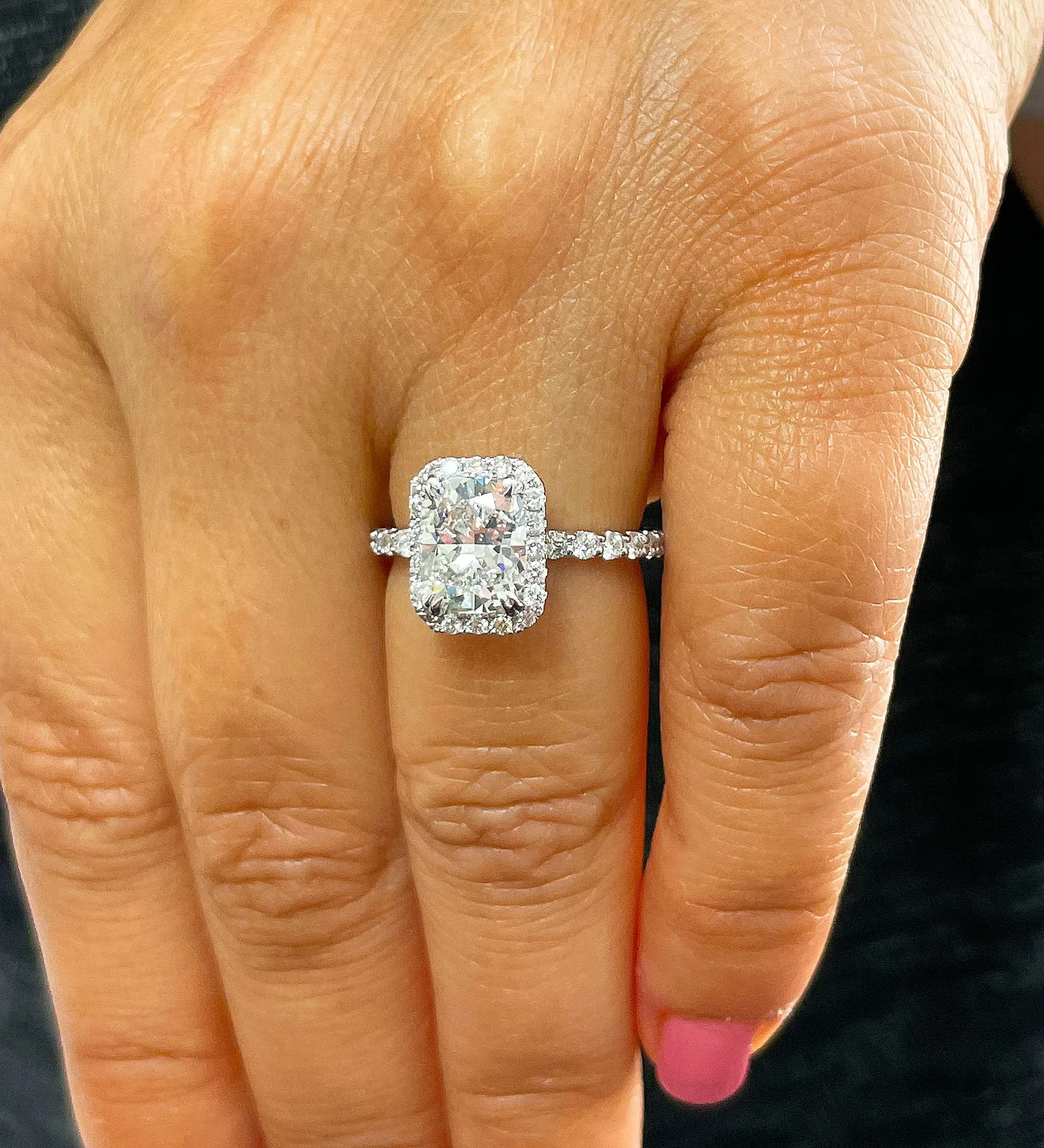 Women's 14k solid white gold cushion cut moissanite and natural round cut diamond engagement ring Bridal Wedding Halo 2.80ctw