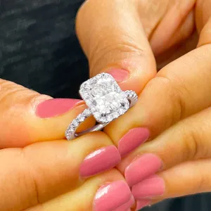 Women's 14k solid white gold cushion cut moissanite and natural round cut diamond engagement ring Bridal Wedding Halo 2.80ctw