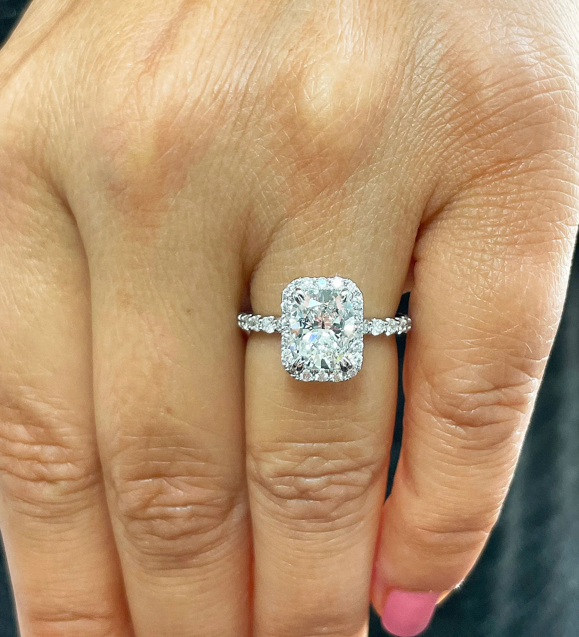 Women's 14k solid white gold cushion cut moissanite and natural round cut diamond engagement ring Bridal Wedding Halo 2.80ctw