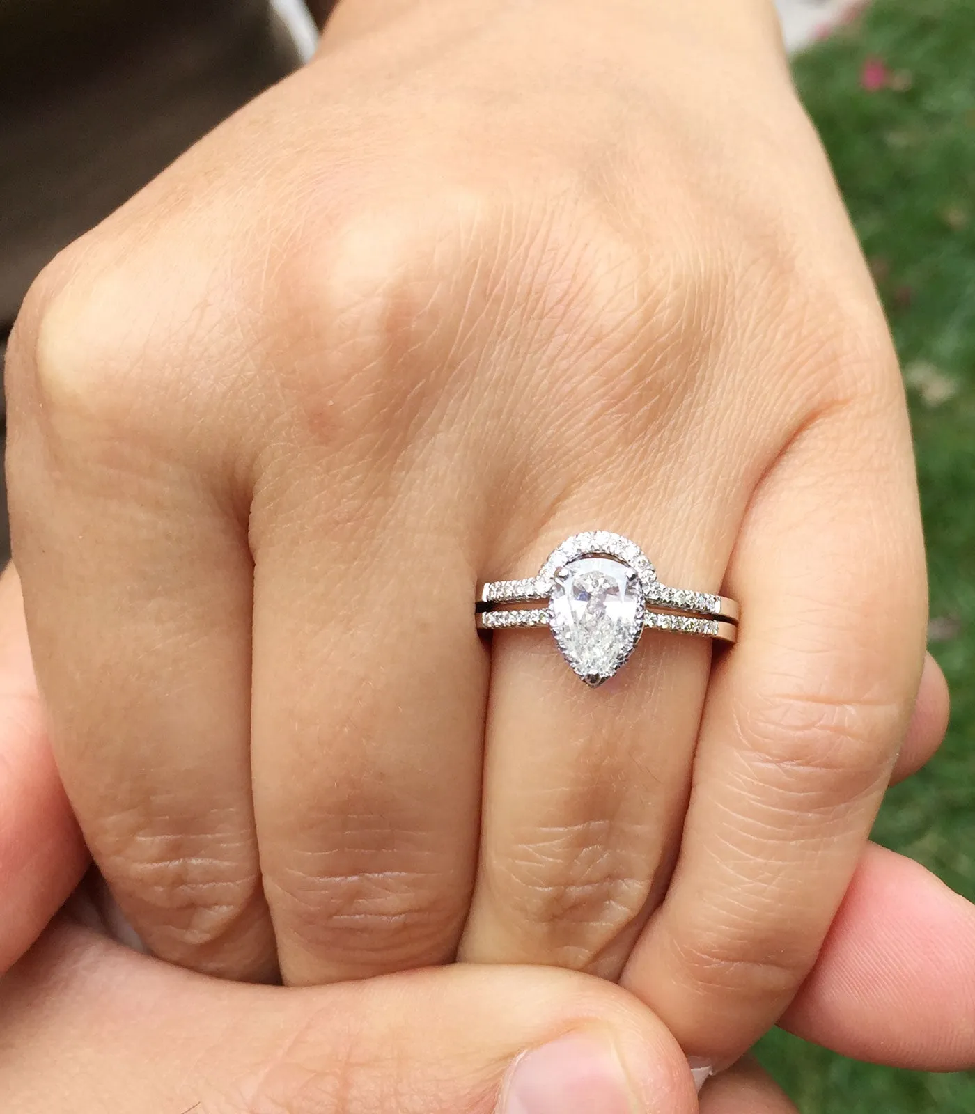 Women's 14k solid white gold pear and round cut natural diamond engagement ring and band bridal wedding set halo deco style 1.20ctw