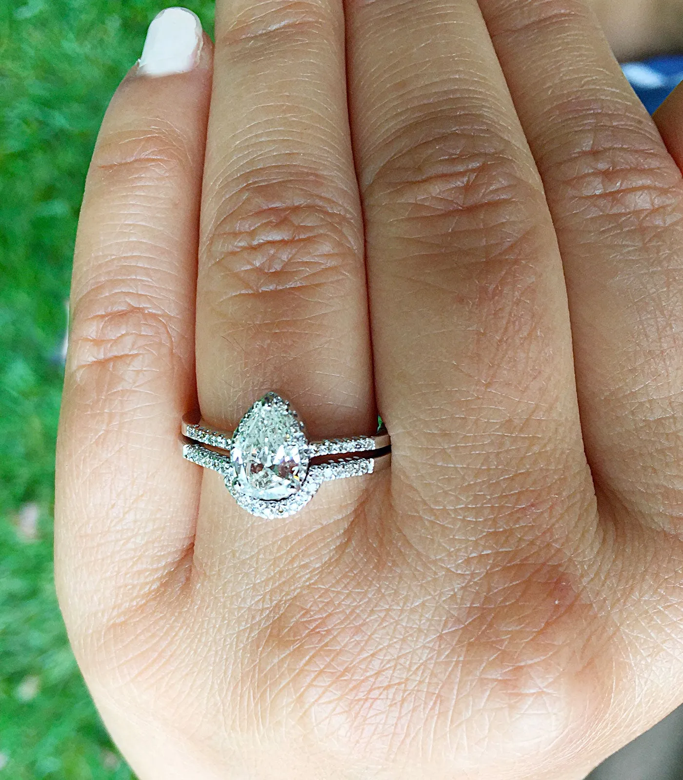 Women's 14k solid white gold pear and round cut natural diamond engagement ring and band bridal wedding set halo deco style 1.20ctw