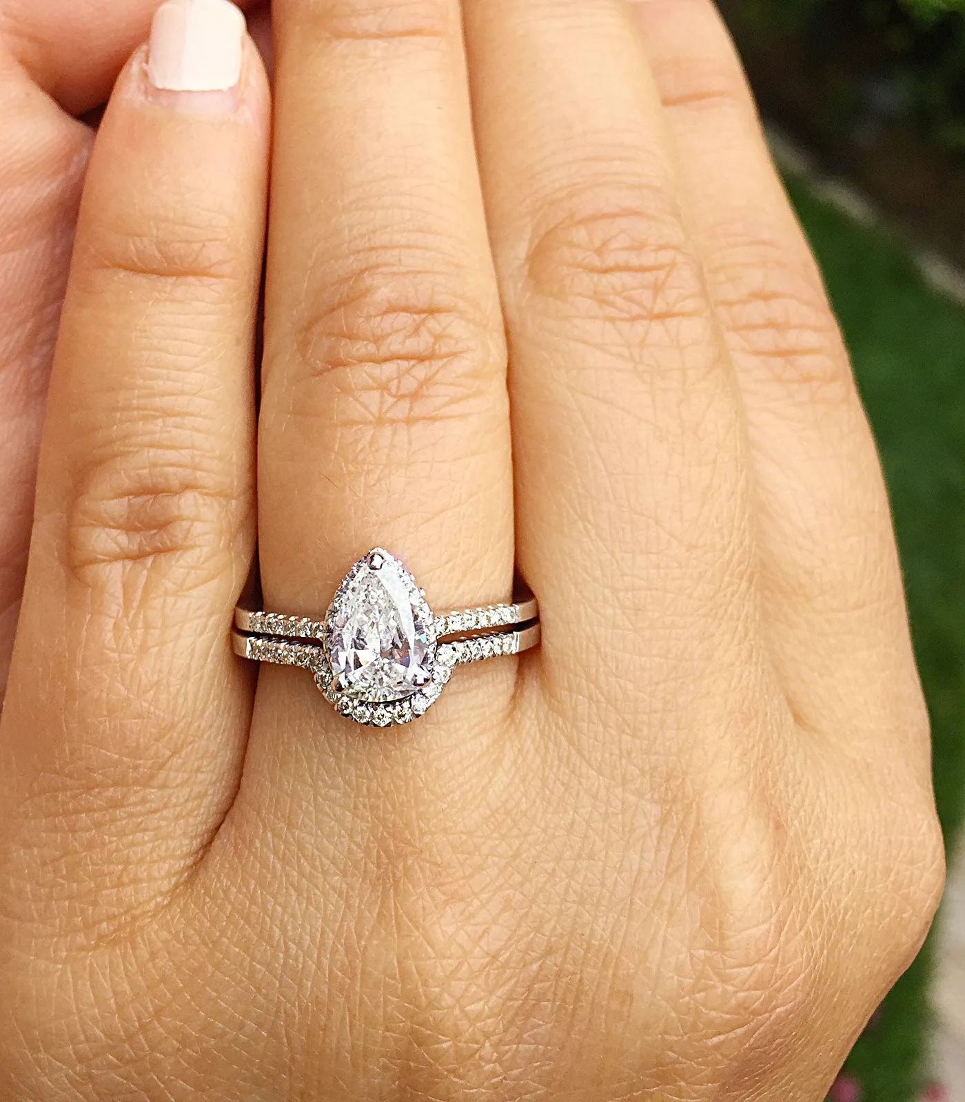 Women's 14k solid white gold pear and round cut natural diamond engagement ring and band bridal wedding set halo deco style 1.20ctw