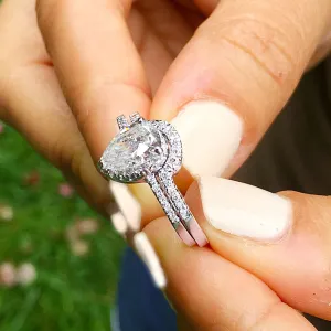 Women's 14k solid white gold pear and round cut natural diamond engagement ring and band bridal wedding set halo deco style 1.20ctw