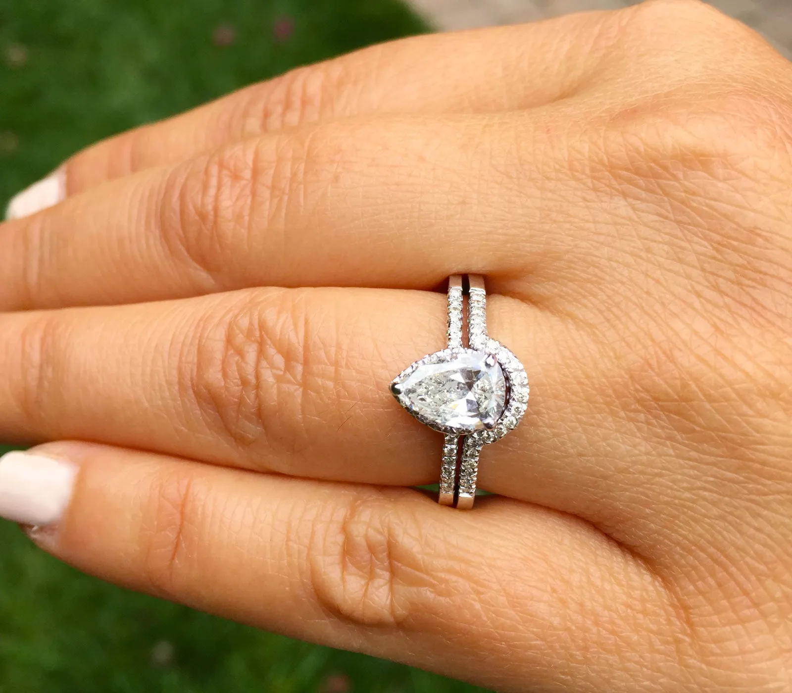 Women's 14k solid white gold pear and round cut natural diamond engagement ring and band bridal wedding set halo deco style 1.20ctw