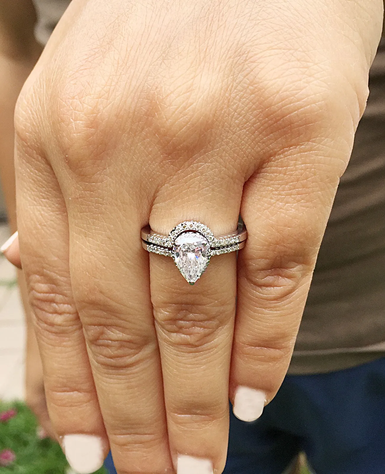 Women's 14k solid white gold pear and round cut natural diamond engagement ring and band bridal wedding set halo deco style 1.20ctw