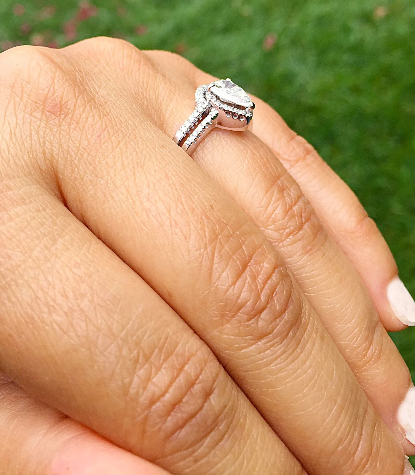 Women's 14k solid white gold pear and round cut natural diamond engagement ring and band bridal wedding set halo deco style 1.20ctw