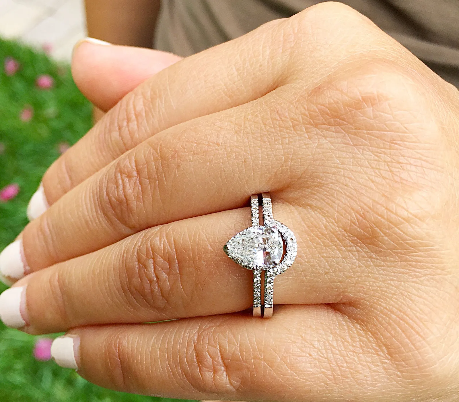 Women's 14k solid white gold pear and round cut natural diamond engagement ring and band bridal wedding set halo deco style 1.20ctw