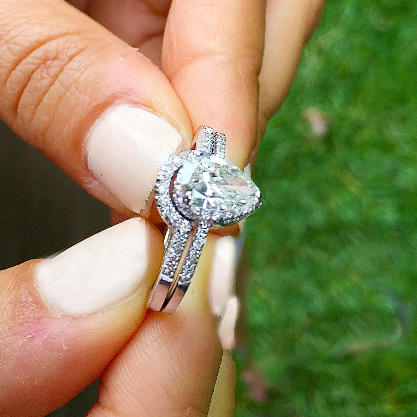 Women's 14k solid white gold pear and round cut natural diamond engagement ring and band bridal wedding set halo deco style 1.20ctw