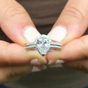 Women's 14k solid white gold pear and round cut natural diamond engagement ring and band bridal wedding set halo deco style 1.50ctw