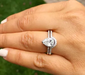 Women's 14k solid white gold pear shape forever one moissanite and natural diamond engagement ring and band wedding bridal set halo 1.50ctw