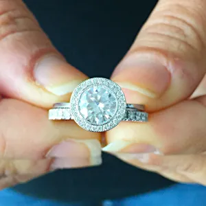 Women's 14k solid white gold Round cut forever one moissanite and natural round cut diamond engagement ring Bridal Wedding Halo 1.80ctw