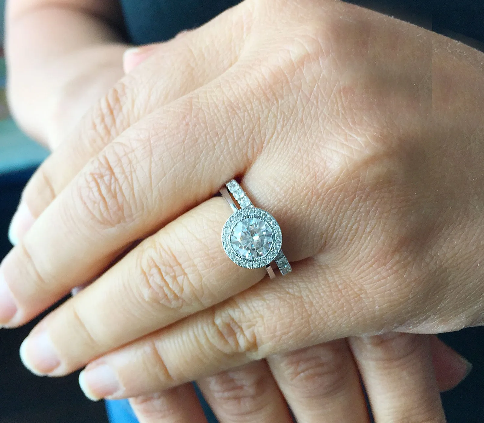 Women's 14k solid white gold Round cut forever one moissanite and natural round cut diamond engagement ring Bridal Wedding Halo 1.80ctw