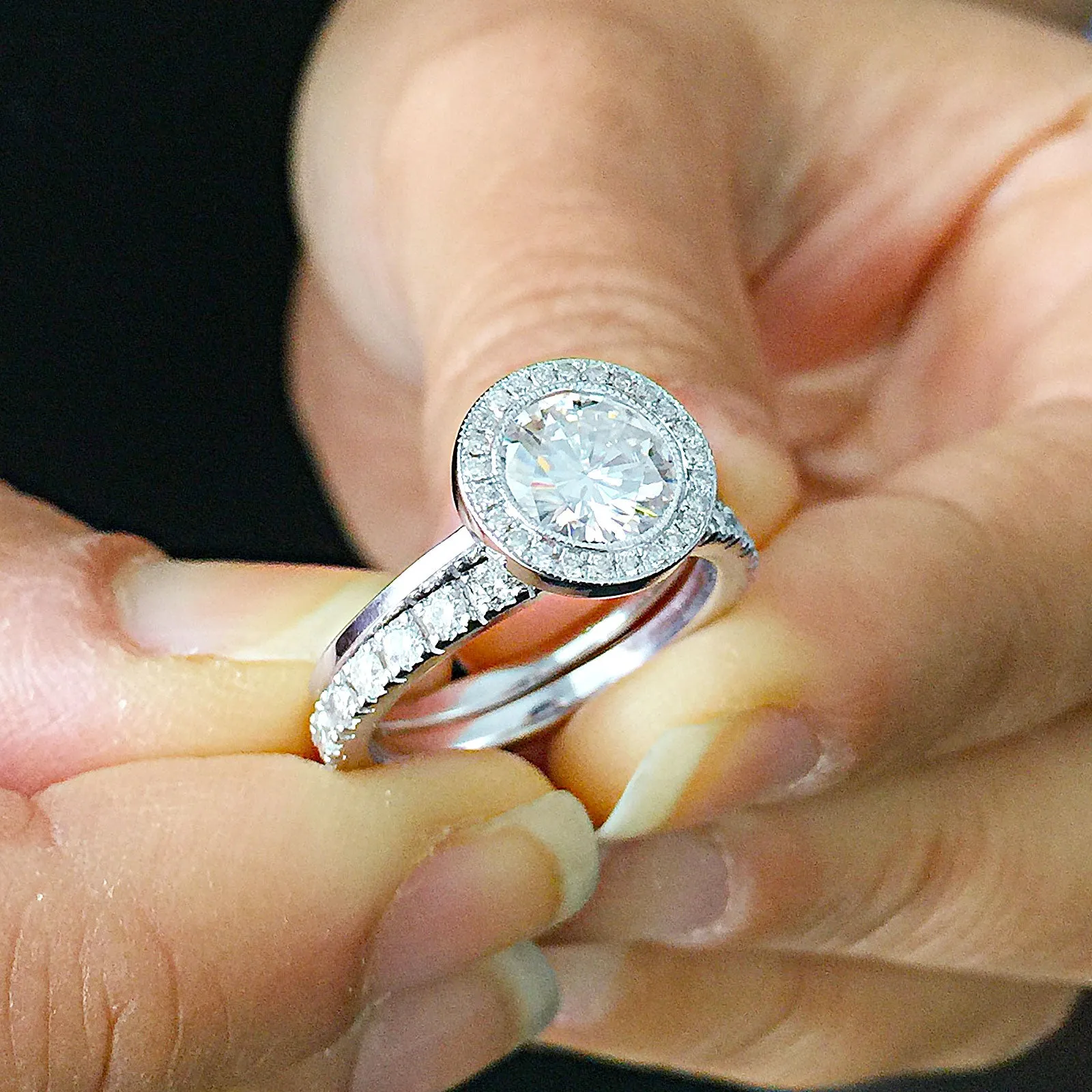 Women's 14k solid white gold Round cut forever one moissanite and natural round cut diamond engagement ring Bridal Wedding Halo 1.80ctw