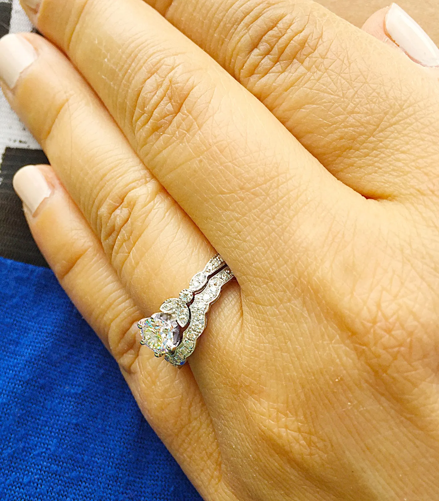 Women's 14k Solid White Gold Round Cut Natural Diamond Engagement Ring And Band, Antique Style, Filigree, Bridal Wedding Set 0.75ctw
