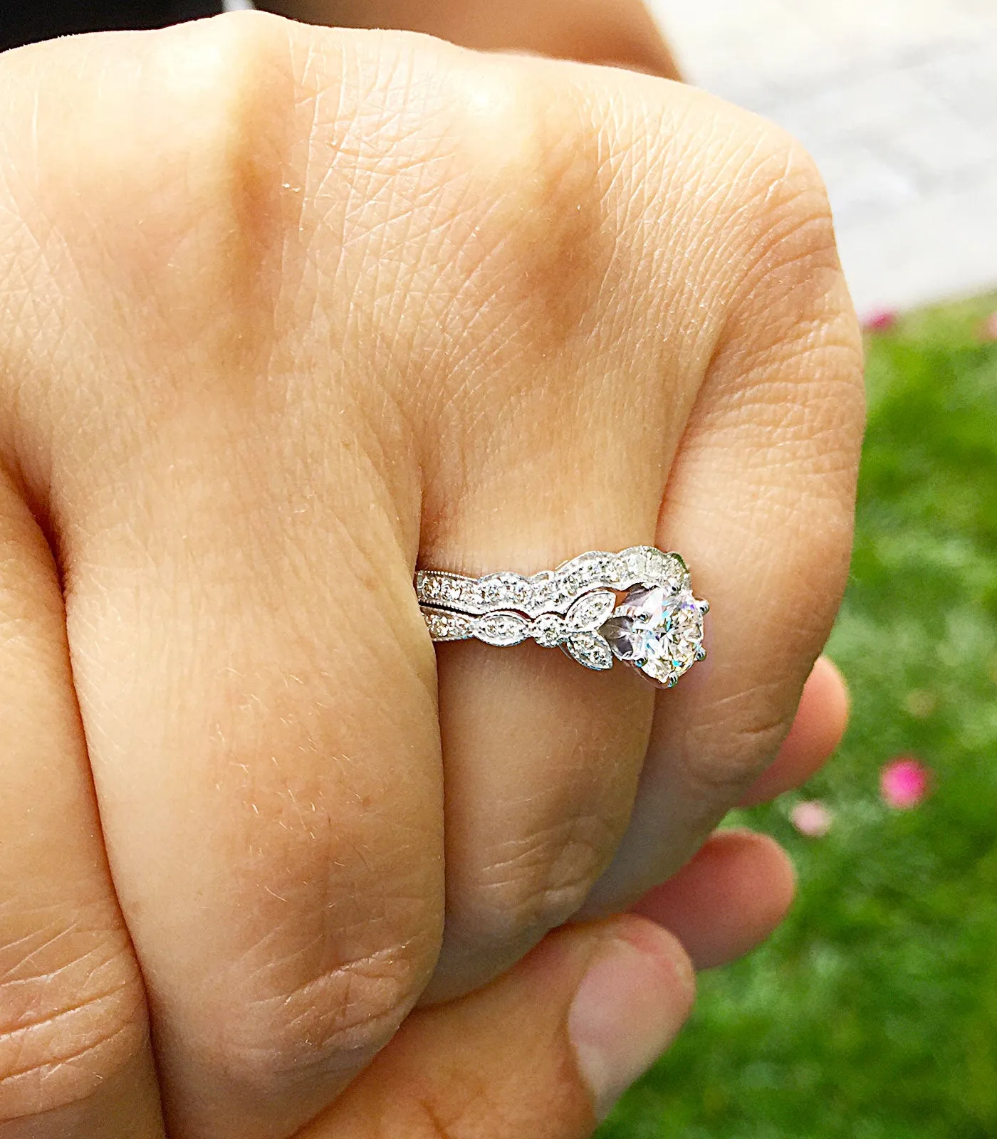 Women's 14k Solid White Gold Round Cut Natural Diamond Engagement Ring And Band, Antique Style, Filigree, Bridal Wedding Set 0.75ctw