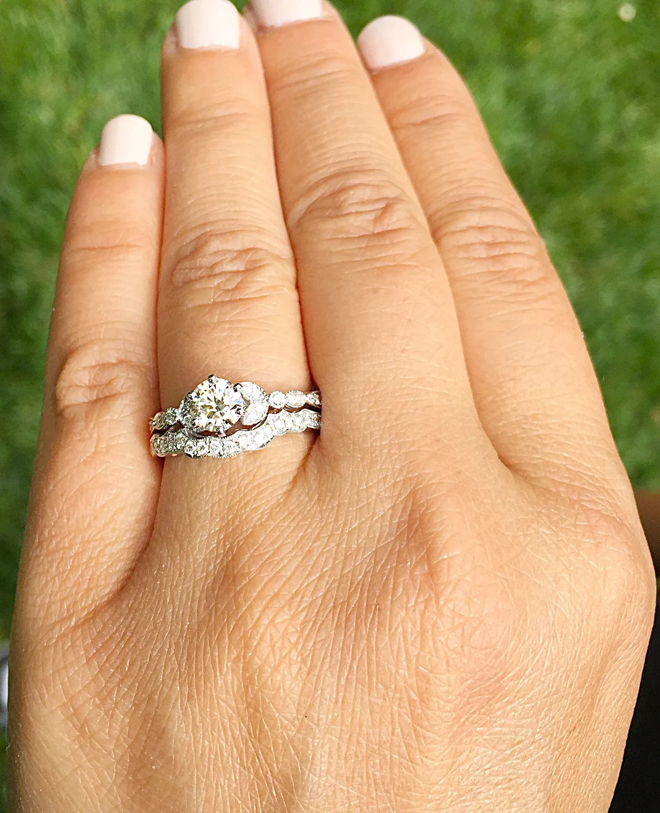 Women's 14k Solid White Gold Round Cut Natural Diamond Engagement Ring And Band, Antique Style, Filigree, Bridal Wedding Set 0.75ctw