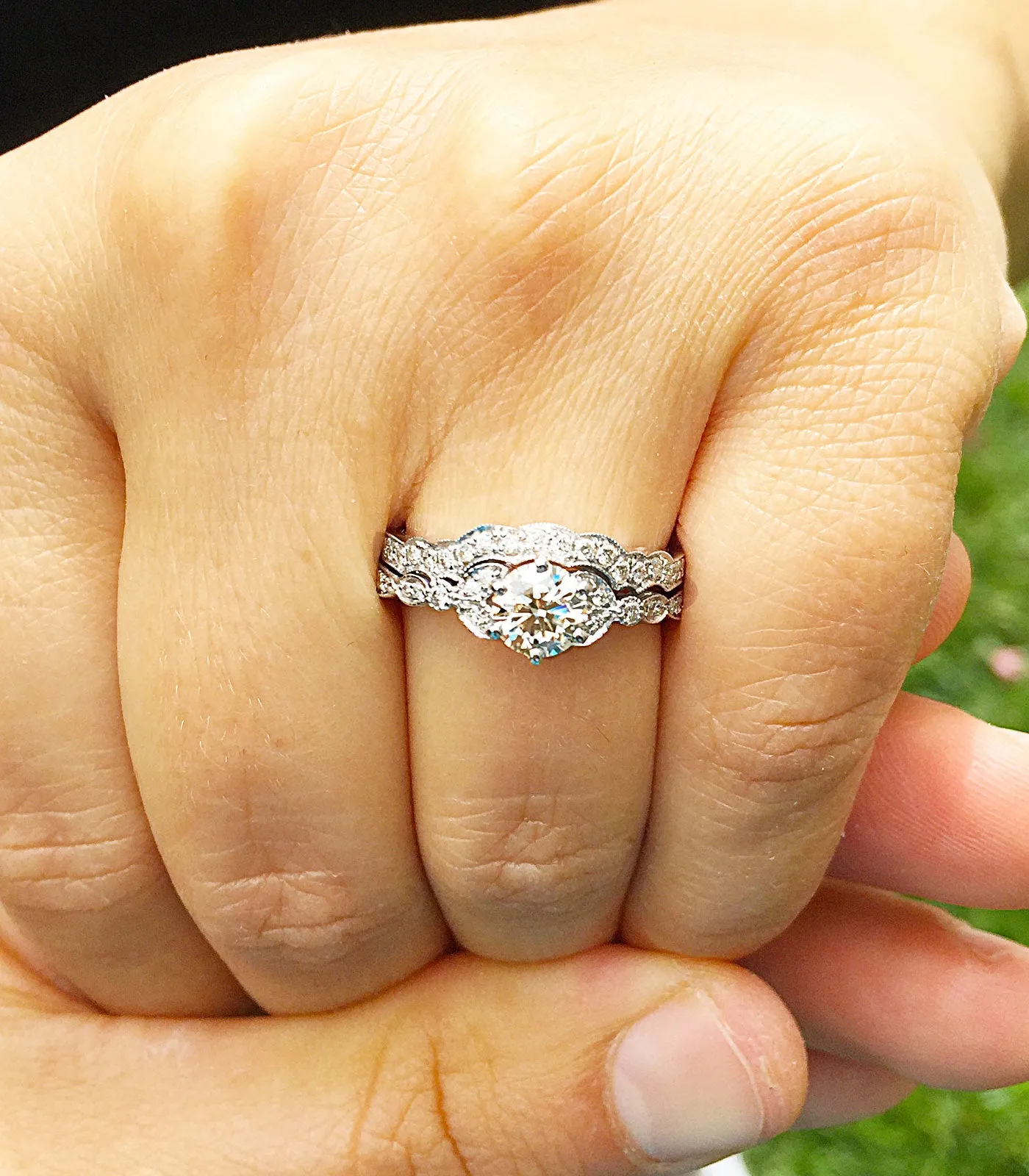 Women's 14k Solid White Gold Round Cut Natural Diamond Engagement Ring And Band, Antique Style, Filigree, Bridal Wedding Set 0.75ctw
