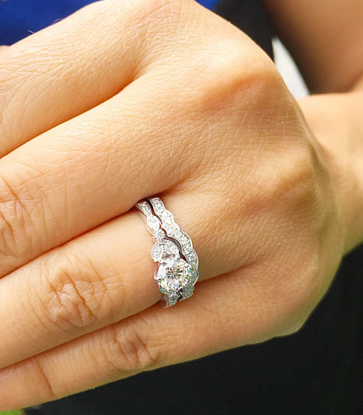 Women's 14k Solid White Gold Round Cut Natural Diamond Engagement Ring And Band, Antique Style, Filigree, Bridal Wedding Set 0.75ctw