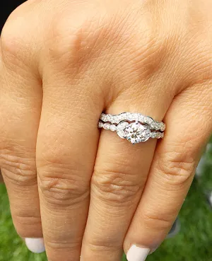 Women's 14k Solid White Gold Round Cut Natural Diamond Engagement Ring And Band, Antique Style, Filigree, Bridal Wedding Set 0.75ctw