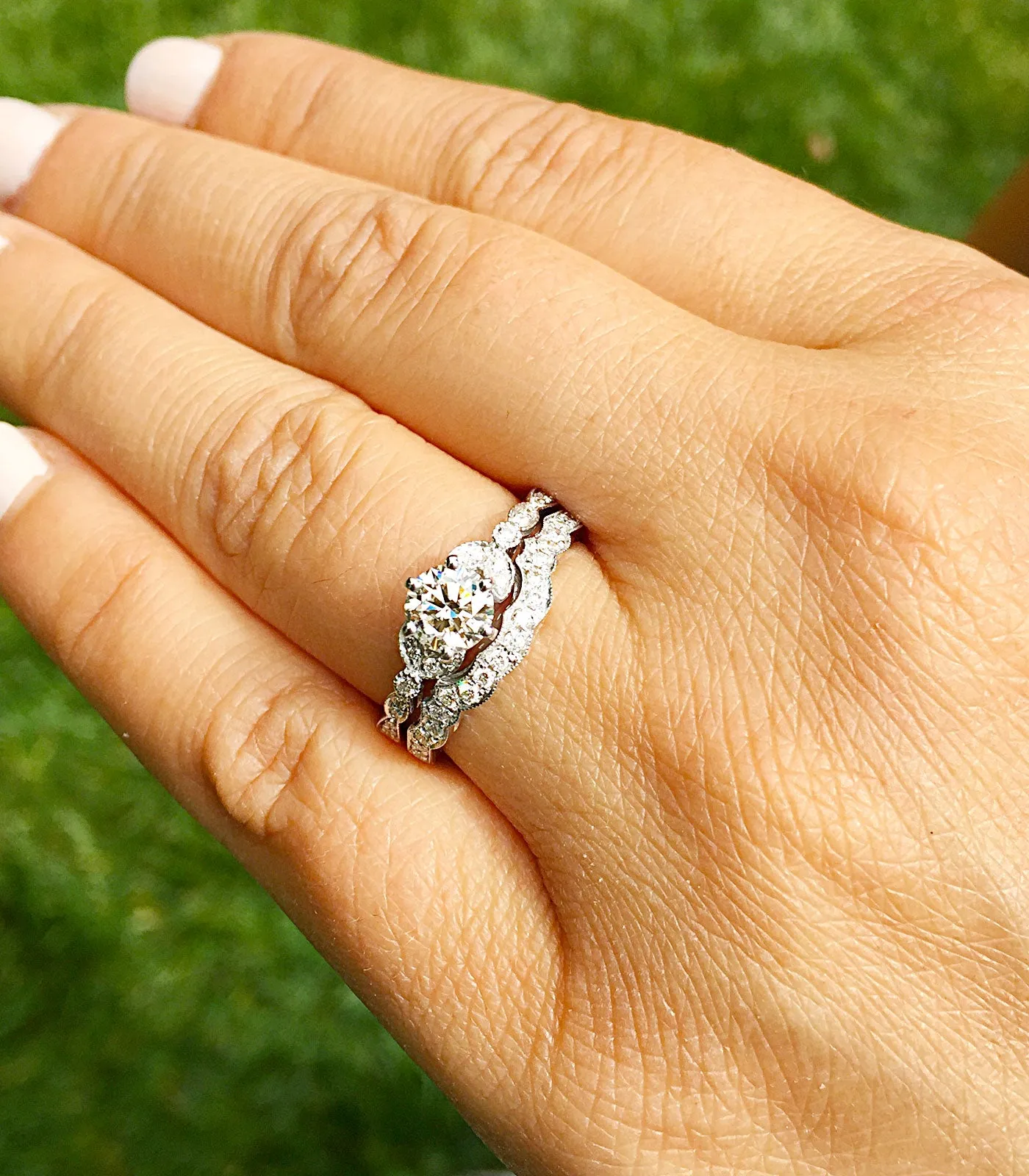 Women's 14k Solid White Gold Round Cut Natural Diamond Engagement Ring And Band, Antique Style, Filigree, Bridal Wedding Set 1.10ctw