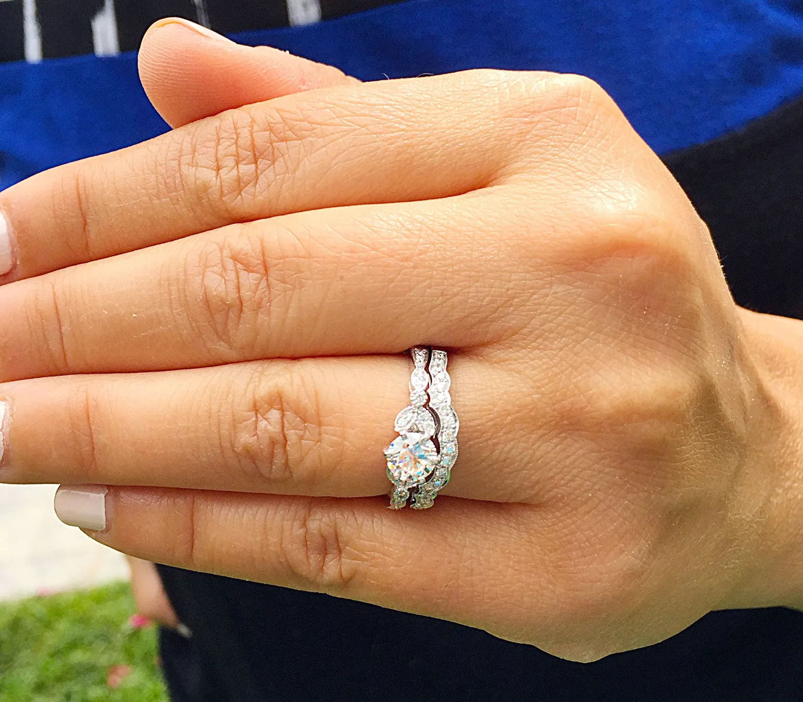 Women's 14k Solid White Gold Round Cut Natural Diamond Engagement Ring And Band, Antique Style, Filigree, Bridal Wedding Set 1.10ctw