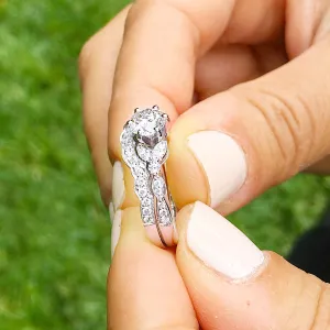 Women's 14k Solid White Gold Round Cut Natural Diamond Engagement Ring And Band, Antique Style, Filigree, Bridal Wedding Set 1.10ctw