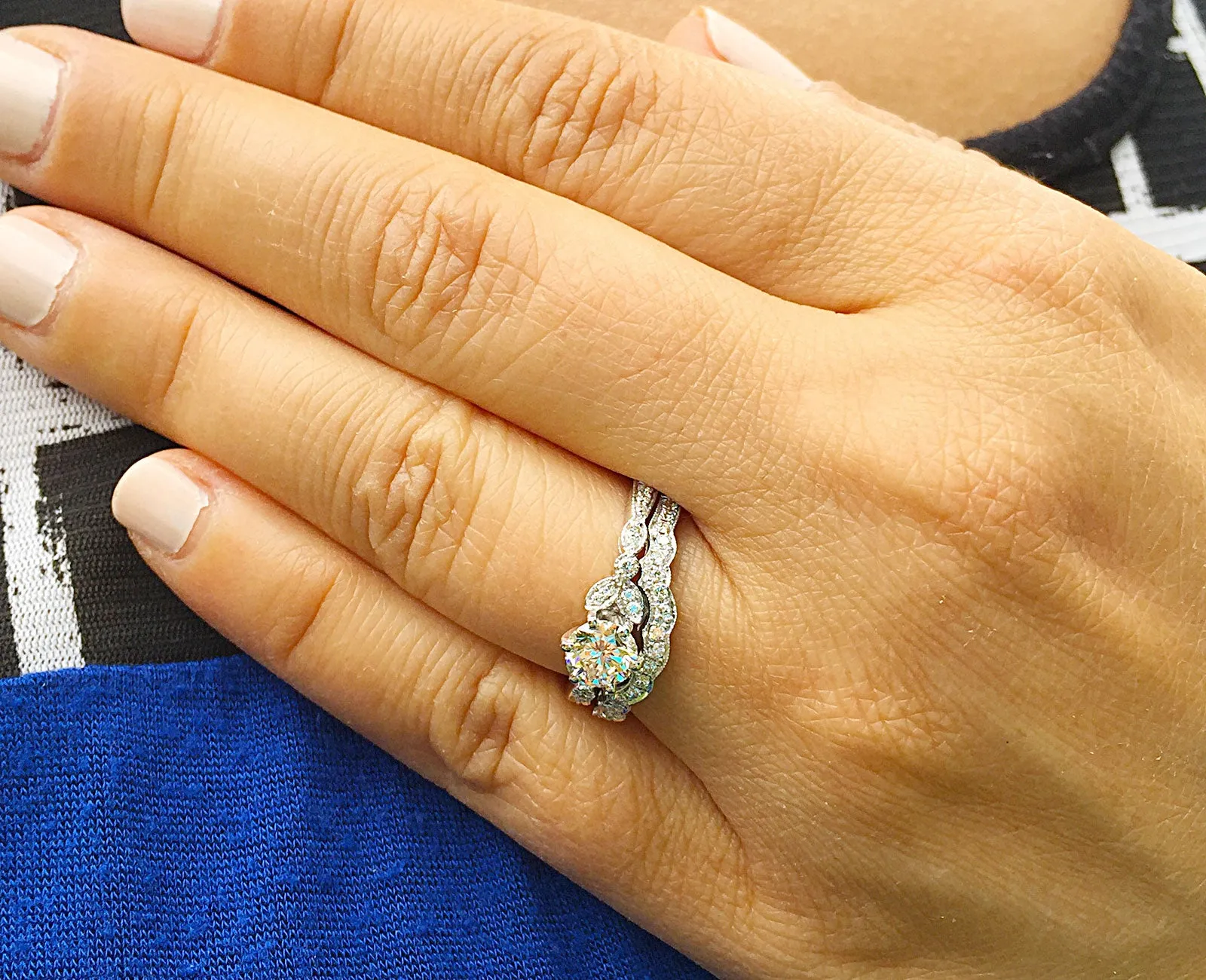 Women's 14k Solid White Gold Round Cut Natural Diamond Engagement Ring And Band, Antique Style, Filigree, Bridal Wedding Set 1.10ctw
