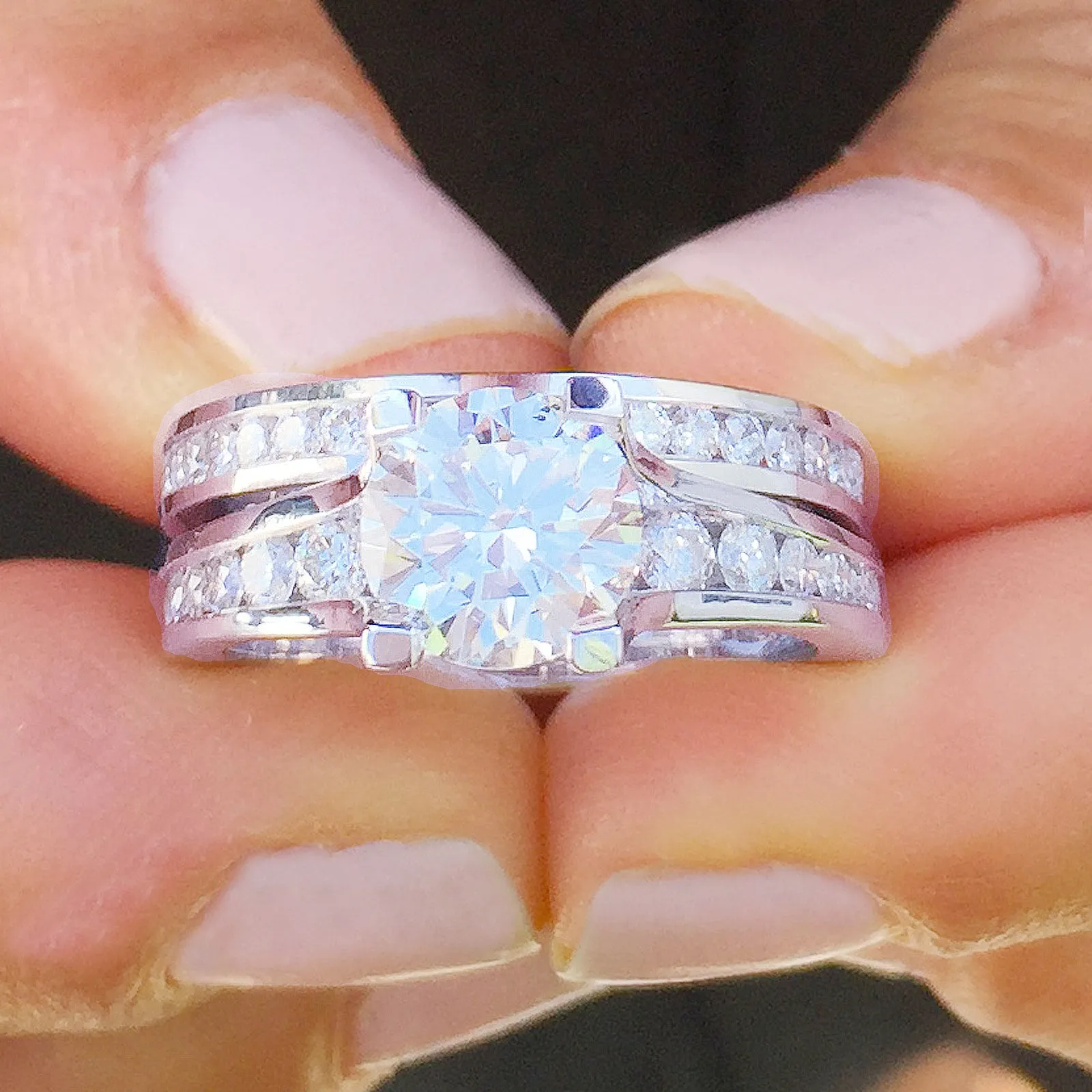 Women's 14k solid white gold round cut natural diamonds engagement ring and band Bridal Wedding Set Large 3.50ctw