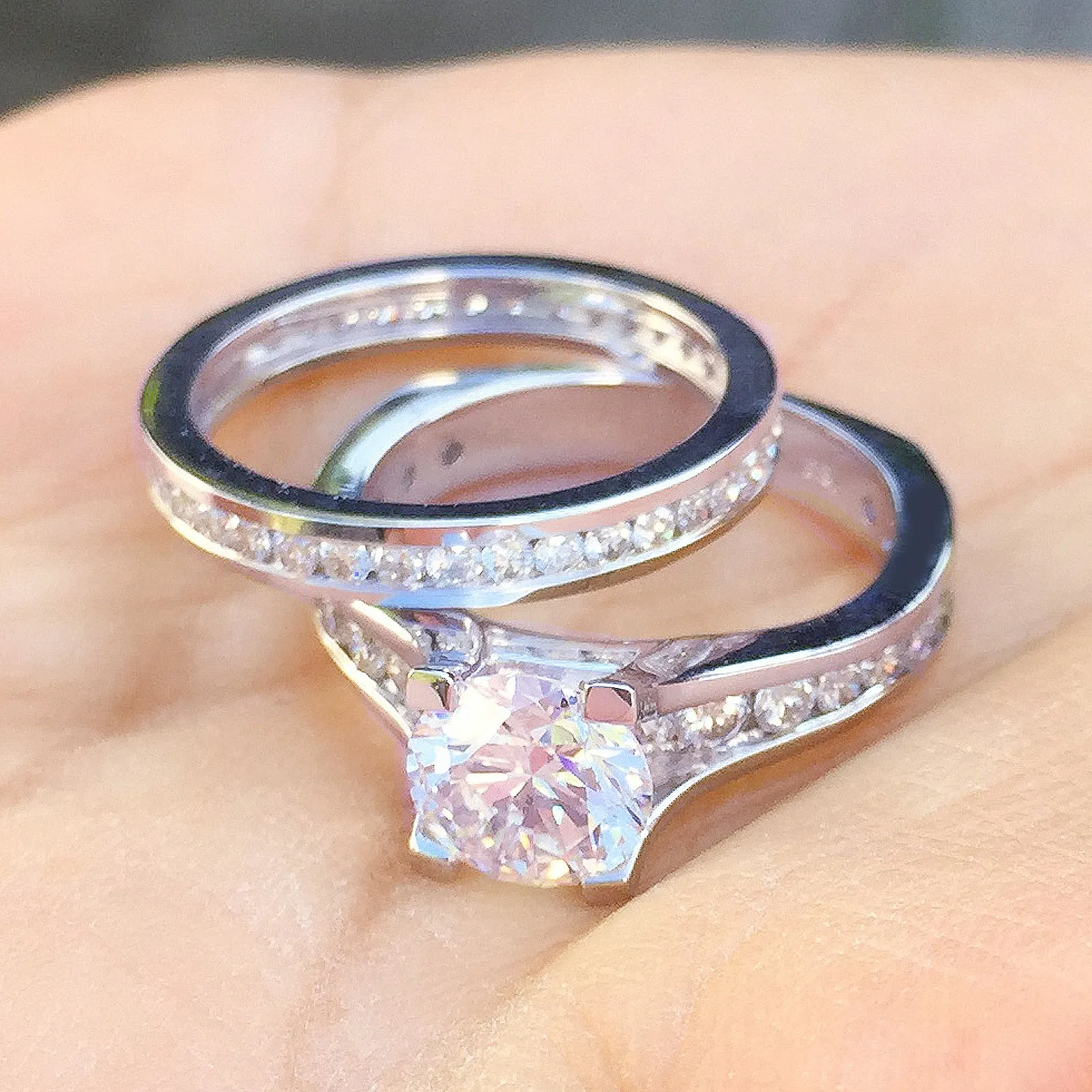 Women's 14k solid white gold round cut natural diamonds engagement ring and band Bridal Wedding Set Large 3.50ctw