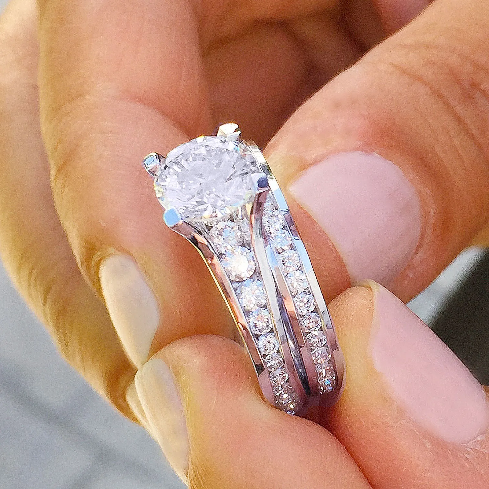 Women's 14k solid white gold round cut natural diamonds engagement ring and band Bridal Wedding Set Large 3.50ctw