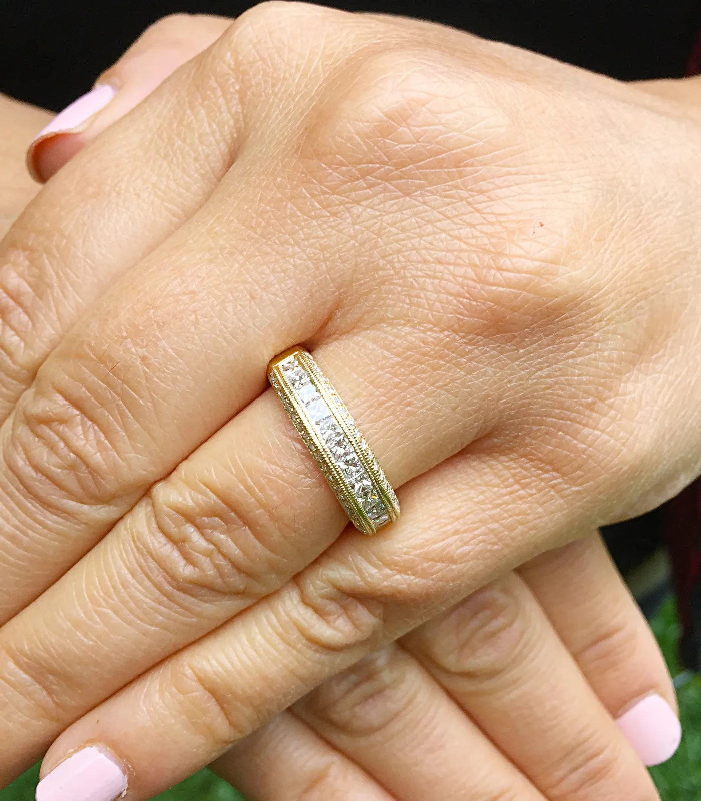 Women's 14k solid yellow gold princess and round cut natural diamond Band, wedding, anniversary, propose, deco, engagement 1.00ct
