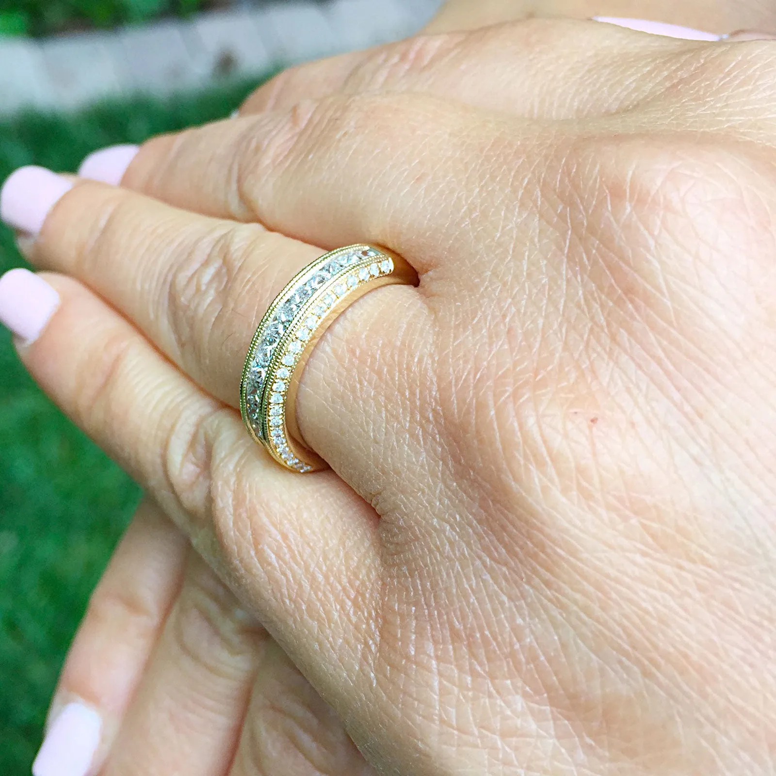 Women's 14k solid yellow gold princess and round cut natural diamond Band, wedding, anniversary, propose, deco, engagement 1.00ct