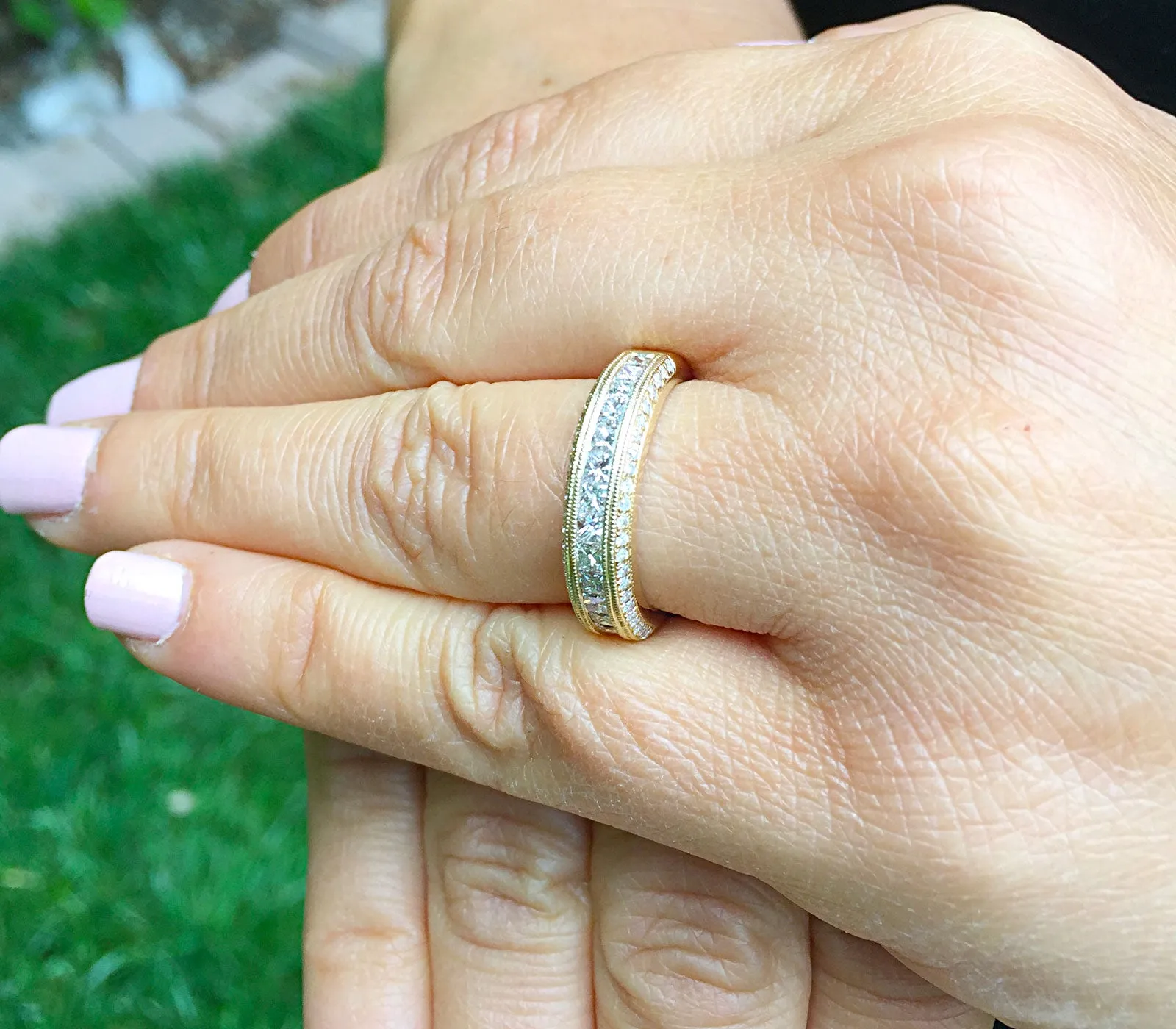 Women's 14k solid yellow gold princess and round cut natural diamond Band, wedding, anniversary, propose, deco, engagement 1.00ct