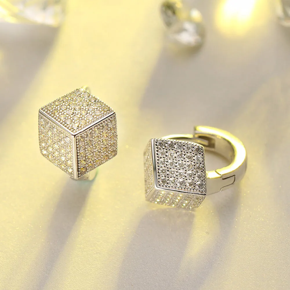 Women's 925 Sterling Silver Solid Earrings with Square Shape Shiny Austrian CZ