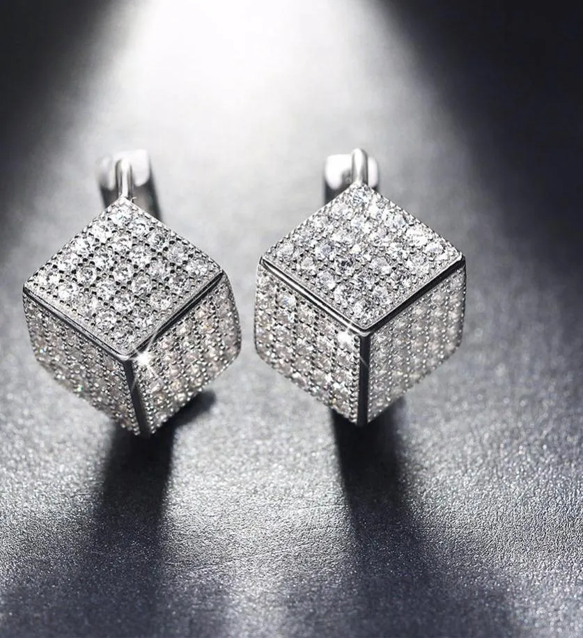 Women's 925 Sterling Silver Solid Earrings with Square Shape Shiny Austrian CZ