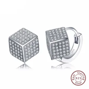 Women's 925 Sterling Silver Solid Earrings with Square Shape Shiny Austrian CZ