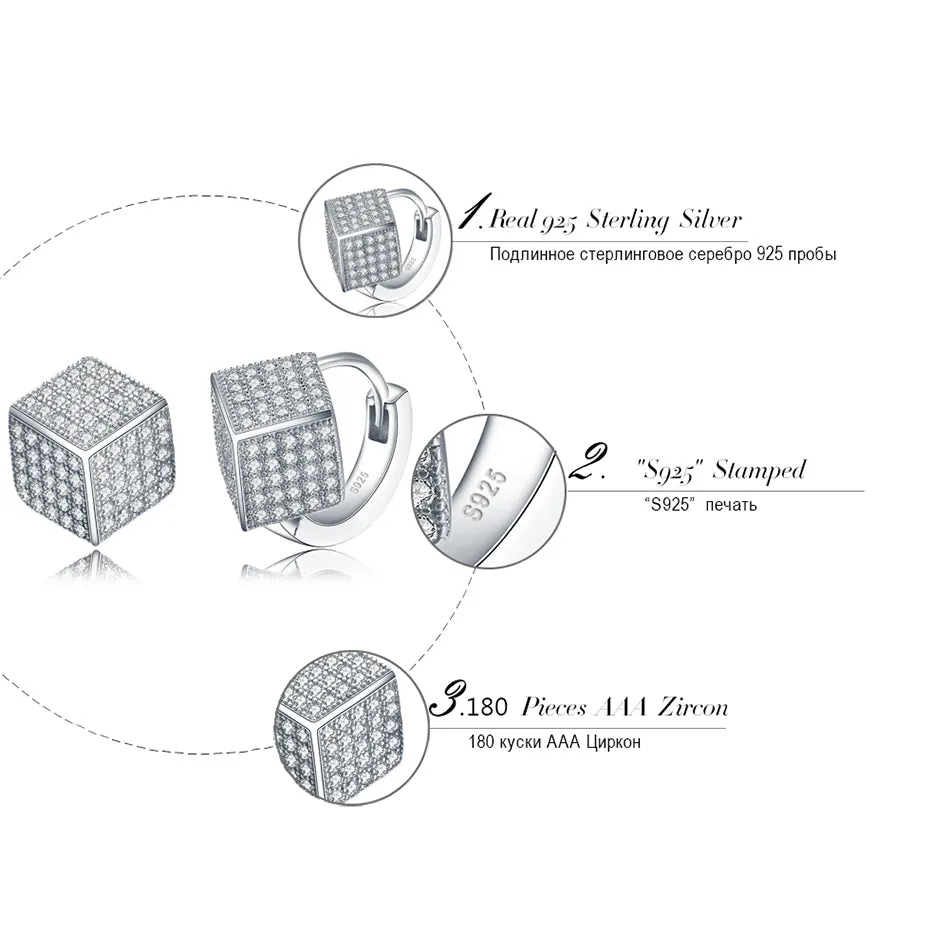 Women's 925 Sterling Silver Solid Earrings with Square Shape Shiny Austrian CZ