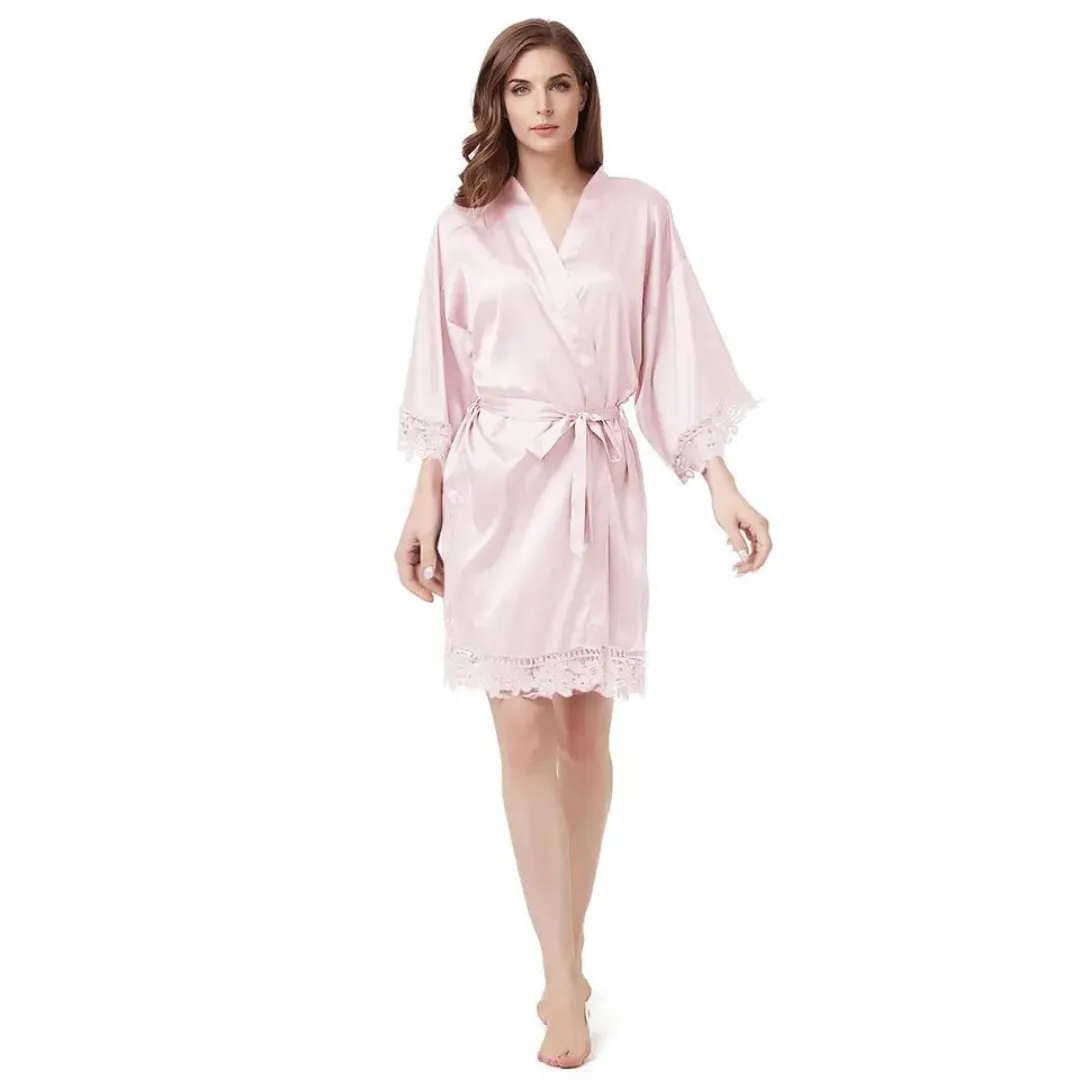 Women's Blank Bridal Day Robe With Crochet Detail - Blush