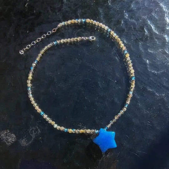 Women’s Blue jade Star, labradorite, blue topaz  & sterling silver Gemstone Pendant Necklace