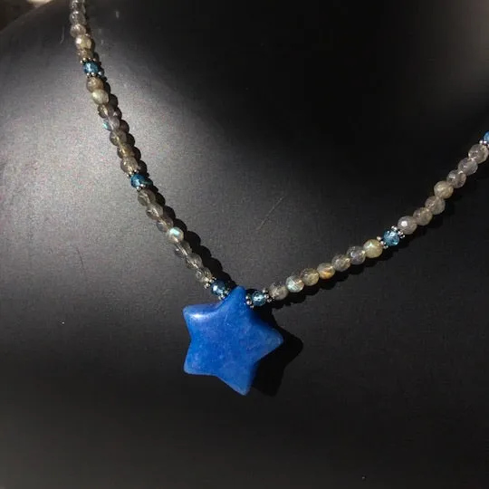 Women’s Blue jade Star, labradorite, blue topaz  & sterling silver Gemstone Pendant Necklace