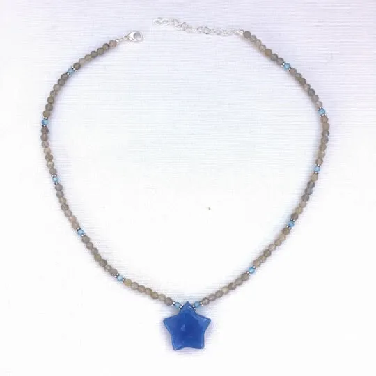Women’s Blue jade Star, labradorite, blue topaz  & sterling silver Gemstone Pendant Necklace