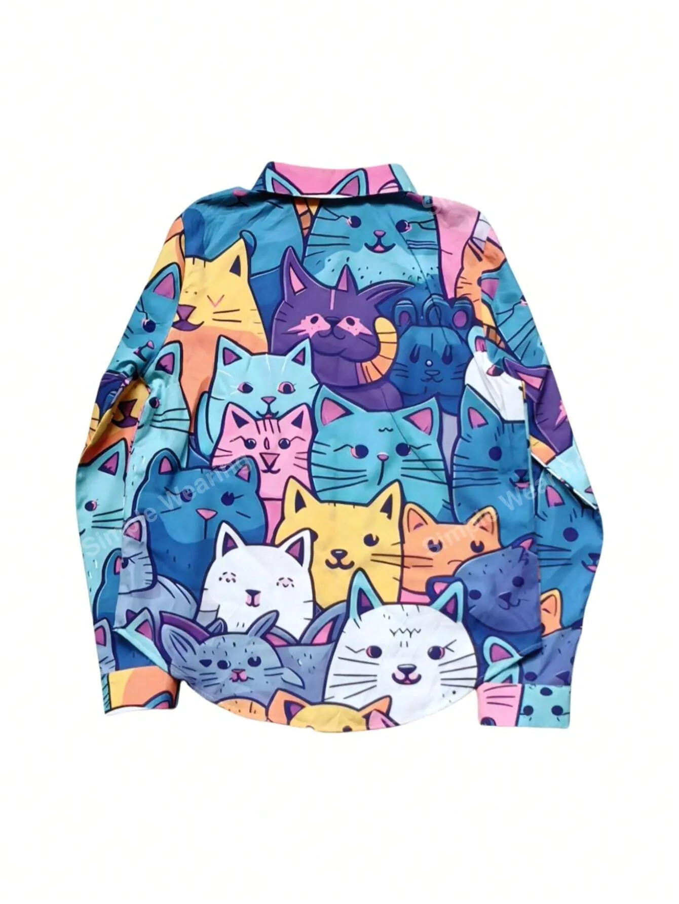 Women's Casual Long Sleeve Shirt With Random Printed Kitty Pattern
