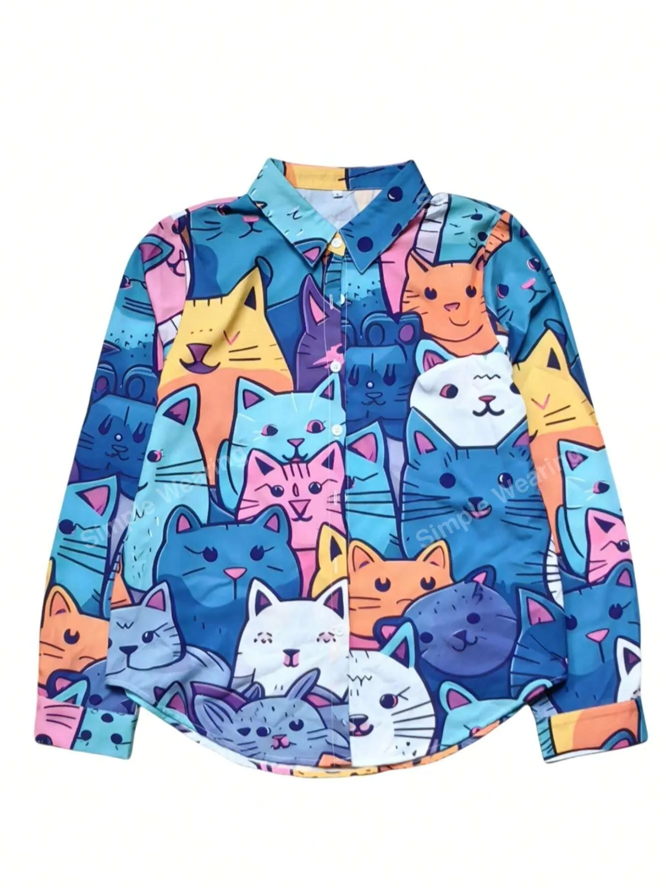 Women's Casual Long Sleeve Shirt With Random Printed Kitty Pattern