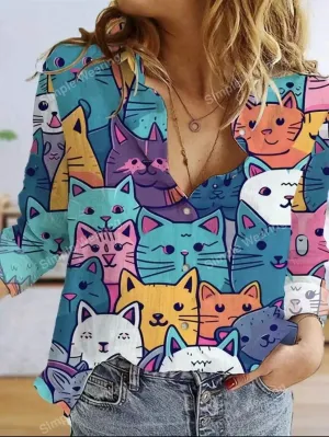 Women's Casual Long Sleeve Shirt With Random Printed Kitty Pattern