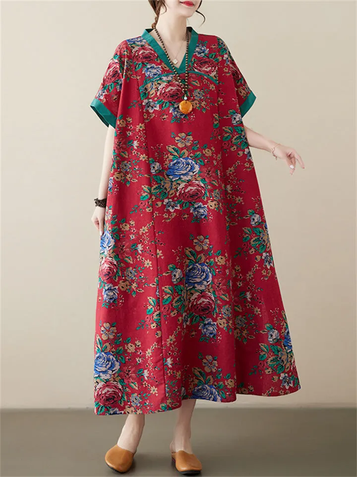 Women's Casual Rose Print V Neck Short Sleeve Oversized Dress